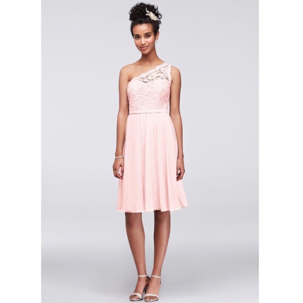 DAVID Bridal-Short One Shoulder Corded Lace Dress